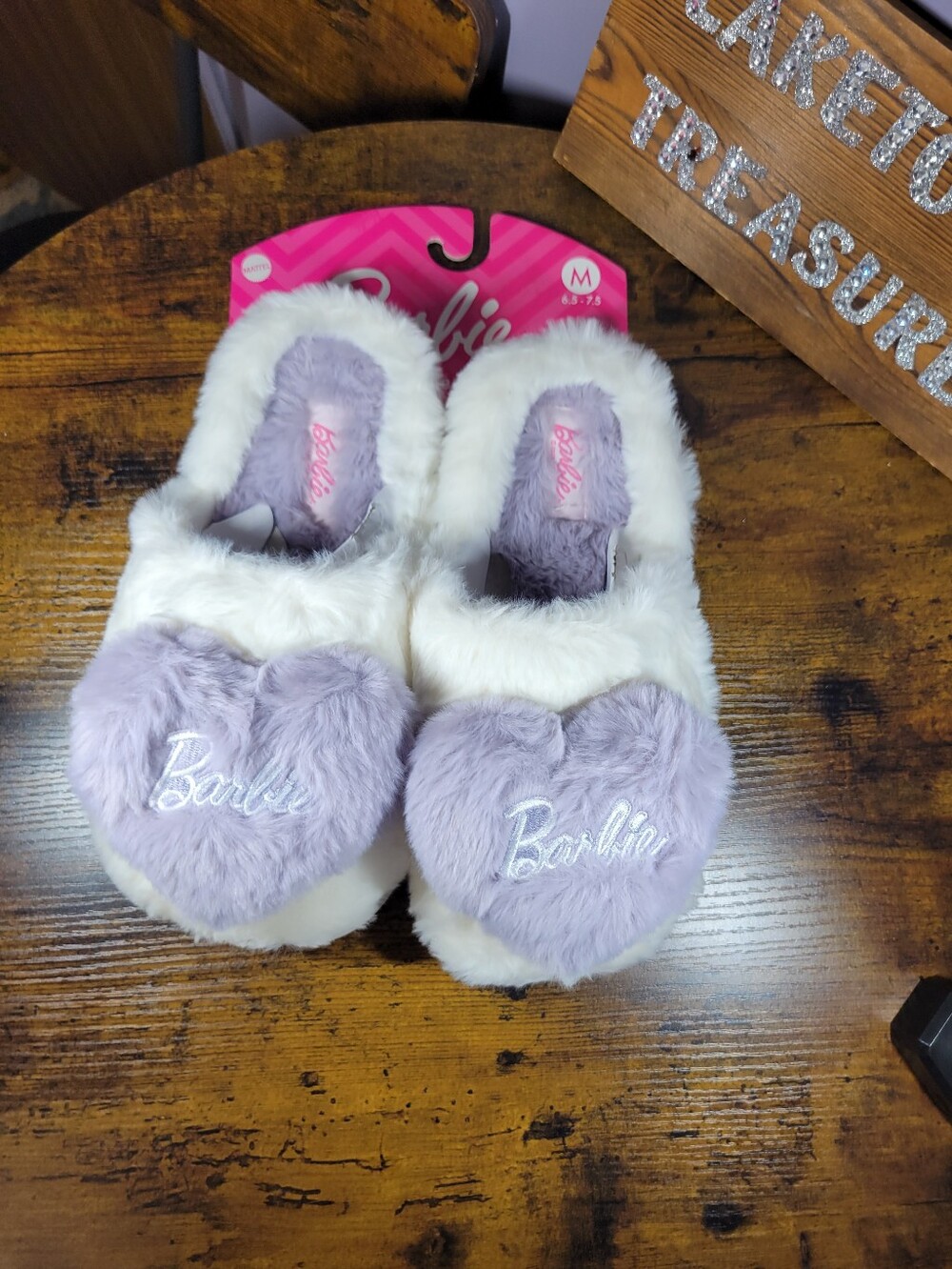 Mattel Barbie White Fuzzy Slippers with purple Heart Patch size medium